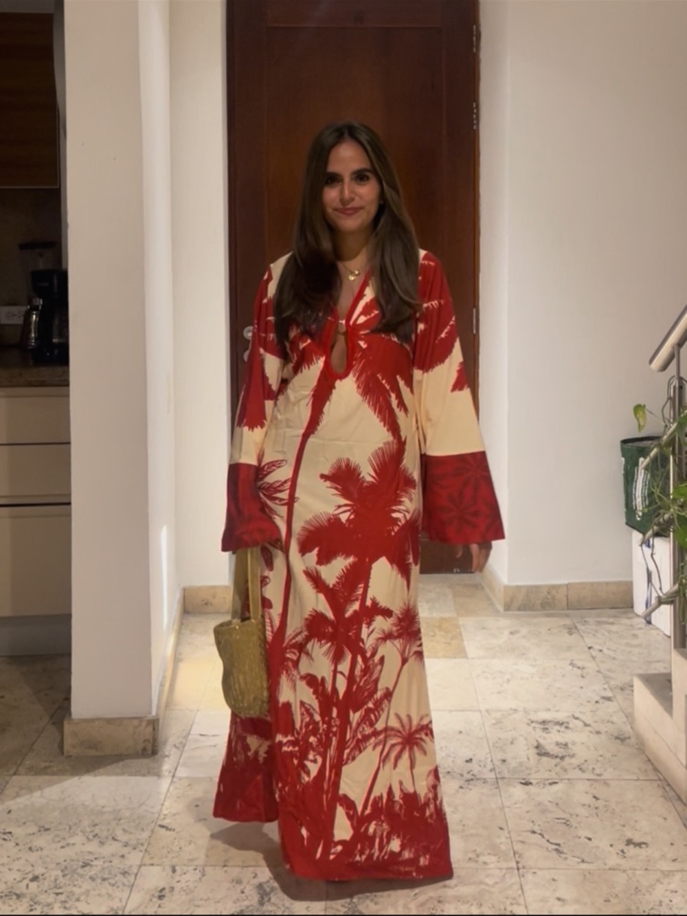 Red and Cream Tropical Print Maxi Dress